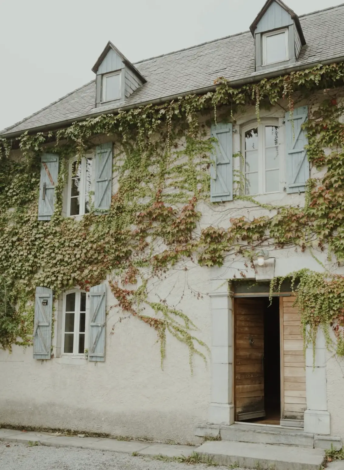Façade sous la vigne vierge, volets bleu-gris